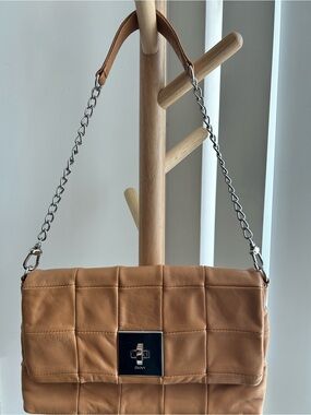 DKNY Tan Quilted Leather Shoulder Bag with Silver Chain